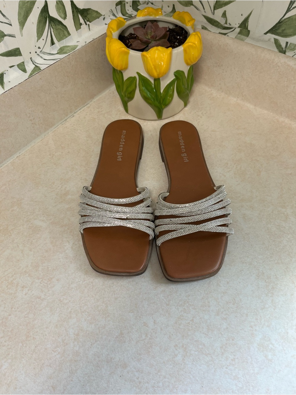 Madden Girl Silver Braided Multi-Strap Slide Sandals on Brown Footbed